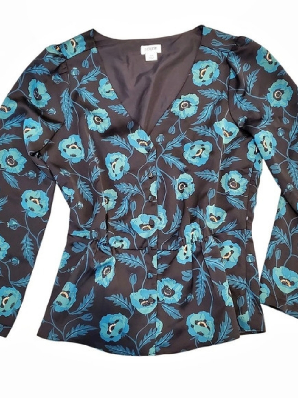 J.Crew Women's V-Neck Satin Peplum, Teal & Black (Size 00) - Picture 8 of 8